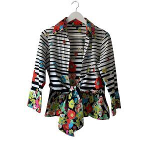 VTG Mishca Red Multicolored Striped Wrap Top Floral Tie Front Sz Small Cotton